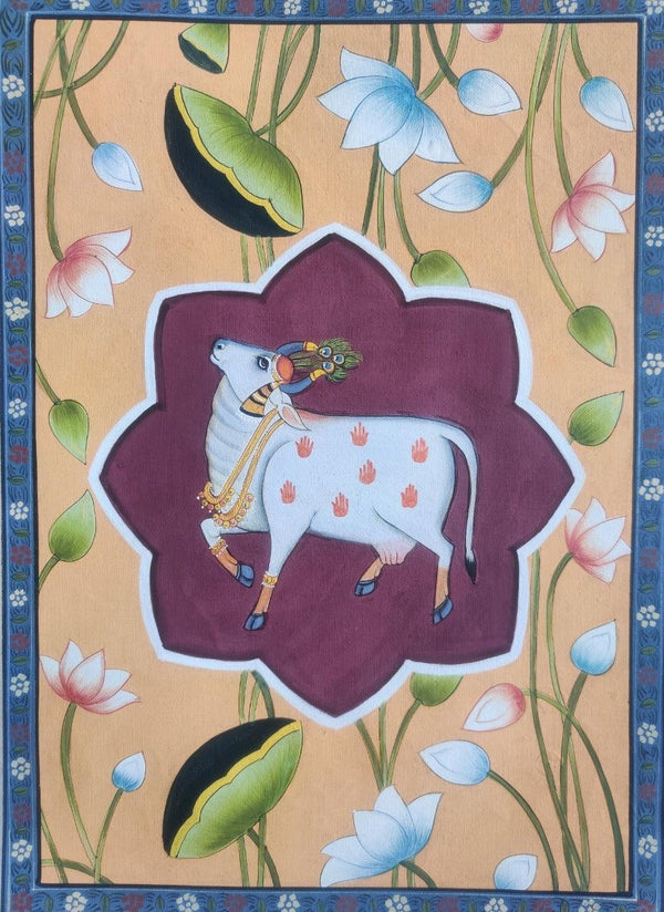 Religious pichwai traditional art titled 'Cow Pichwai', 14x10 inches, by artist Pichwai Art on Cloth