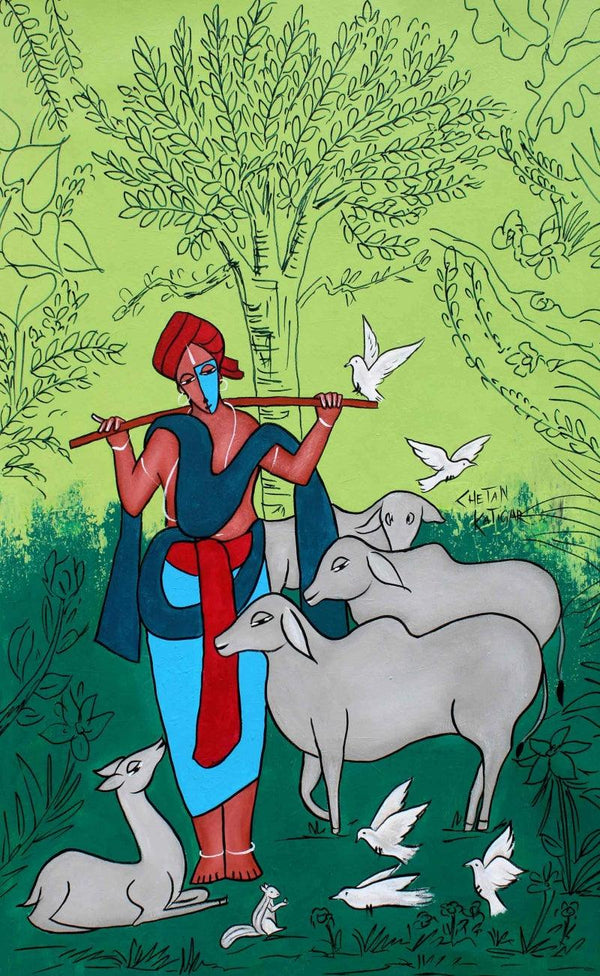 contemporary acrylic painting titled 'Cowman', 30x18 inches, by artist Chetan Katigar on canvas