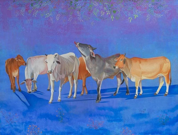 Animals oil painting titled 'Cows', 34x45 inches, by artist Feroz Khan on Canvas