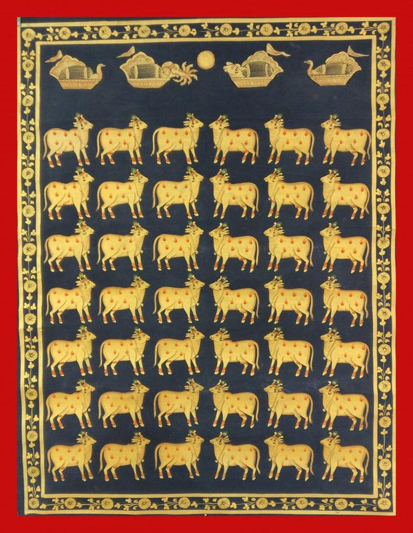 Animals pichwai traditional art titled 'Cows In Black And Gold', 36x24 inches, by artist Unknown on Cloth