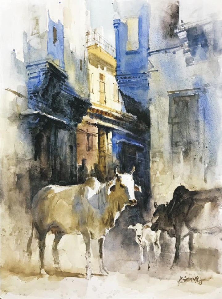 Cows In Blue City 1 by Akshay Sawant