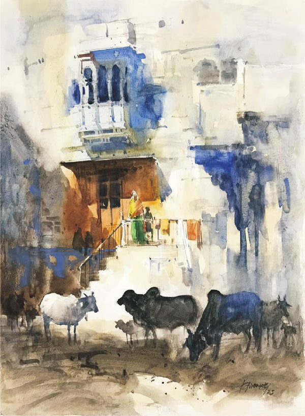 Cows In Blue City 2 by Akshay Sawant