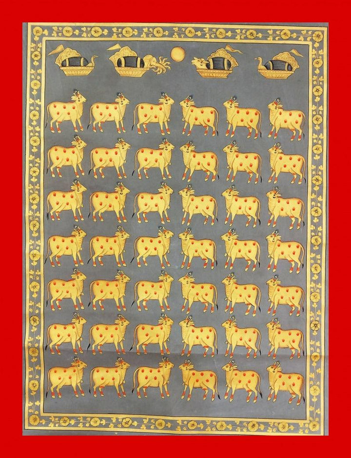 Animals pichwai traditional art titled 'Cows In Gray And Gold 1', 36x24 inches, by artist Unknown on Cloth