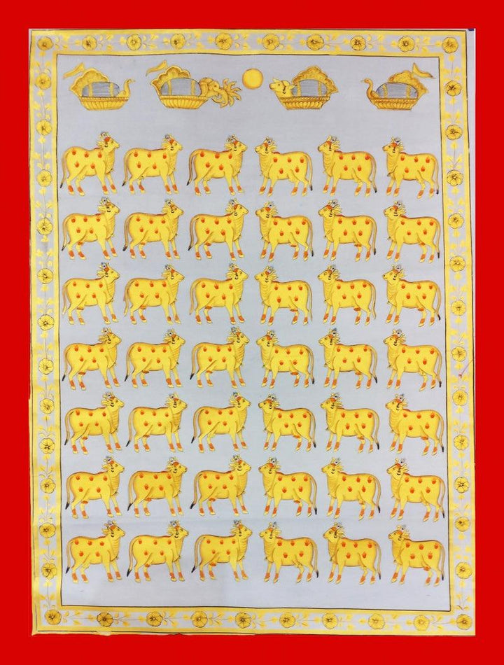 Animals pichwai traditional art titled 'Cows In Gray And Gold 2', 36x24 inches, by artist Unknown on Cloth