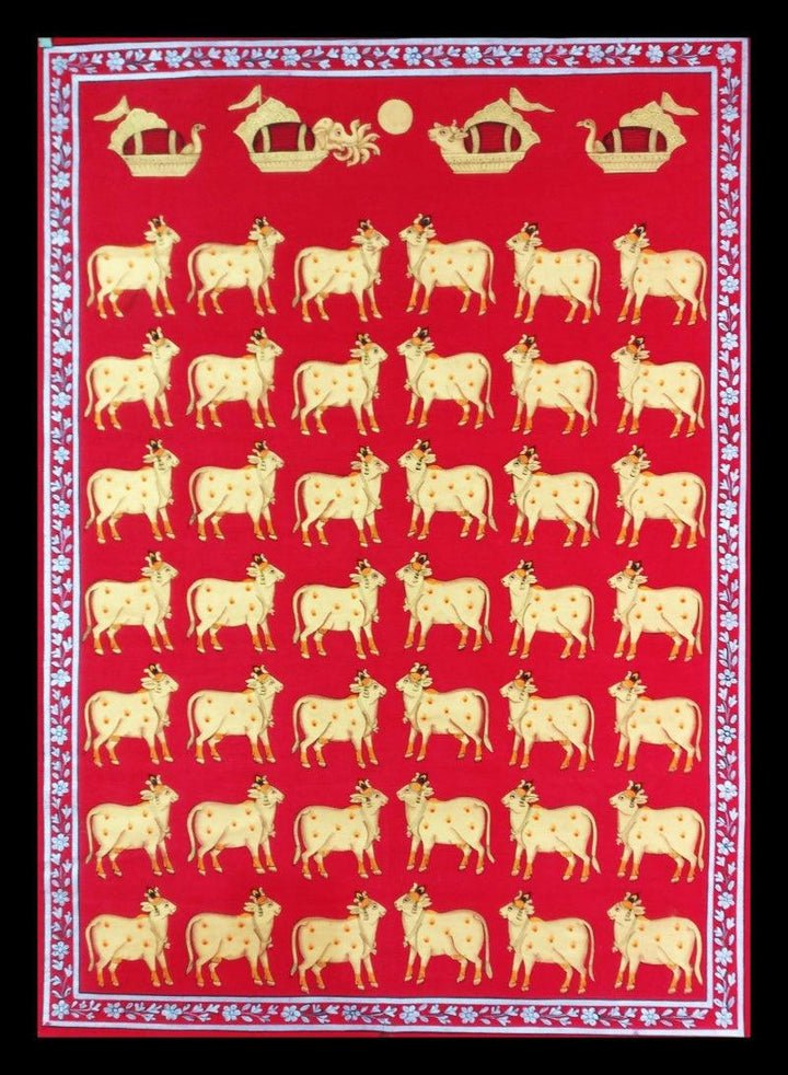 Animals pichwai traditional art titled 'Cows In Red And Gold', 36x24 inches, by artist Unknown on Cloth