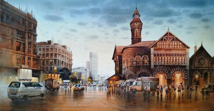 Cityscape acrylic painting titled 'Crawford', 32x60 inches, by artist NanaSaheb Yeole on Canvas