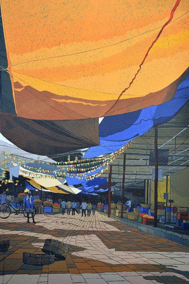 Cityscape acrylic painting titled 'Crawford Market 1', 36x30 inches, by artist Prashant Kulkarni on Canvas