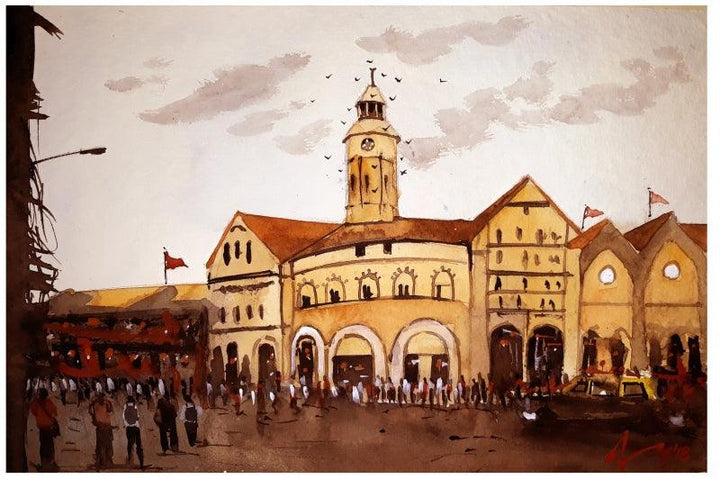 Cityscape watercolor painting titled 'Crawford Market Mumbai', 7x11 inches, by artist Arunava Ray on Paper