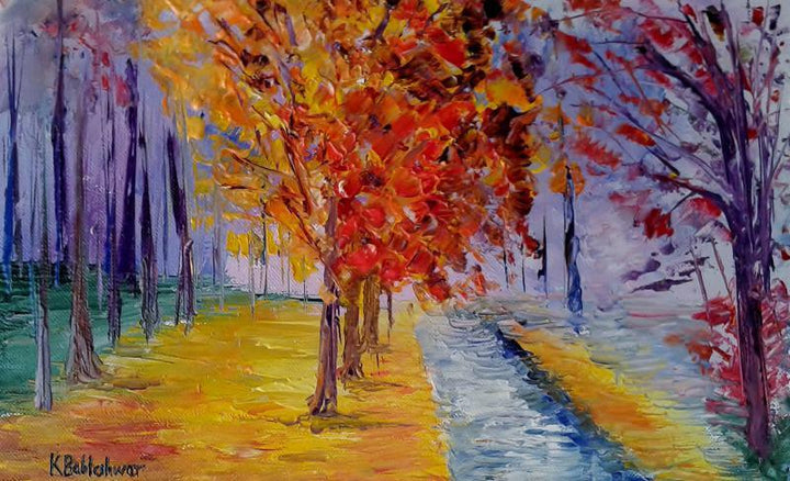 Impressionist oil painting titled 'Cross Country Walk', 17x11 inches, by artist Kiran Bableshwar on Canvas