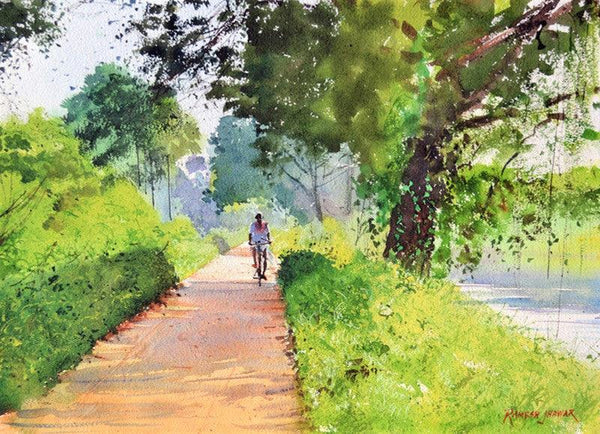 Cityscape watercolor painting titled 'Crossing The Woods', 12x16 inches, by artist Ramesh Jhawar on Paper