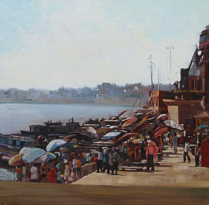 Landscape oil painting titled 'Crowded Banaras Ghat', 24x24 inches, by artist Sachin Sawant on Canvas