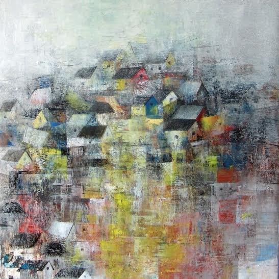 Abstract acrylic painting titled 'Crowded Block', 24x24 inches, by artist M Singh on Canvas