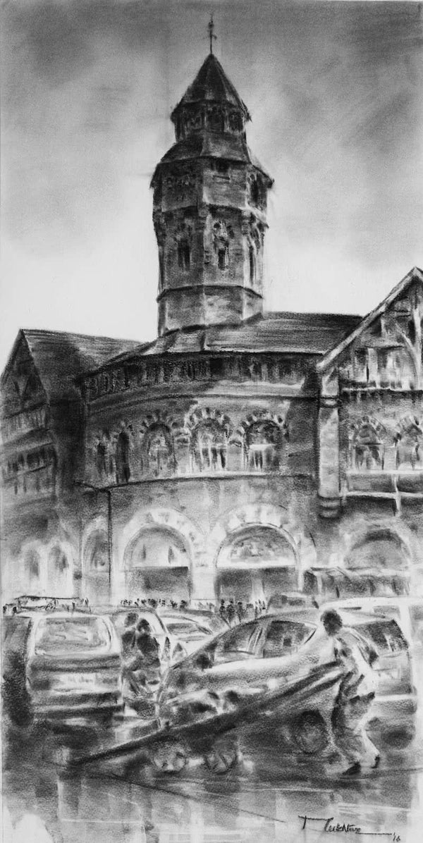 Cityscape charcoal painting titled 'Crowfoad Market 21', 14x28 inches, by artist Mukhtar Kazi on Paper