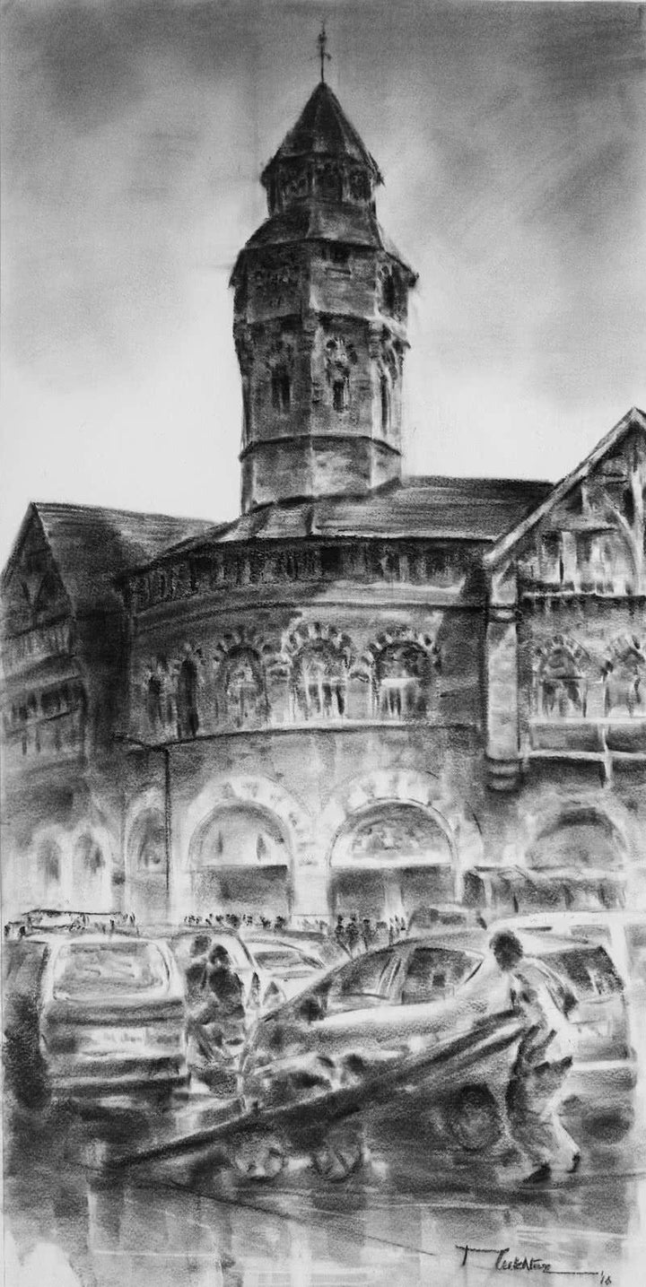 Cityscape charcoal painting titled 'Crowfoad Market 21', 14x28 inches, by artist Mukhtar Kazi on Paper