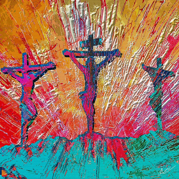 Religious mixed media painting titled 'Crucifixion', 44x44 inches, by artist Anil Kumar on Canvas