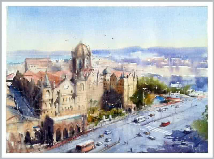 Cityscape watercolor painting titled 'Csmt', 28x20 inches, by artist Amit Kapoor on Paper