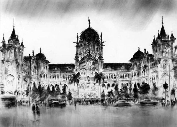 Cityscape charcoal painting titled 'Cst 18', 20x28 inches, by artist Mukhtar Kazi on Paper