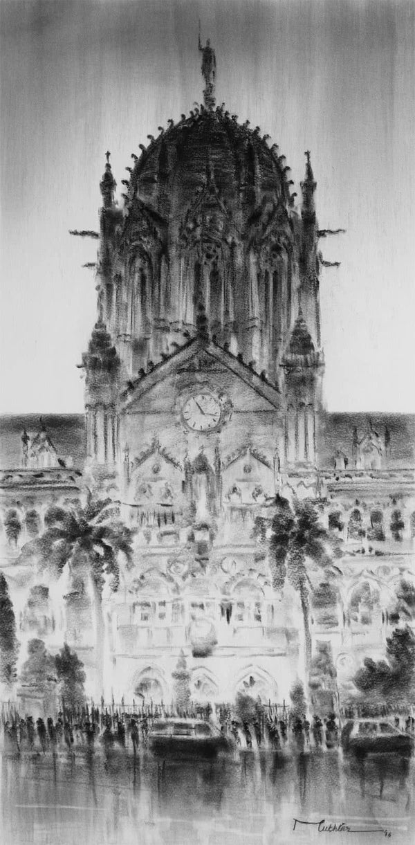 Cityscape charcoal painting titled 'Cst 20', 14x28 inches, by artist Mukhtar Kazi on Paper