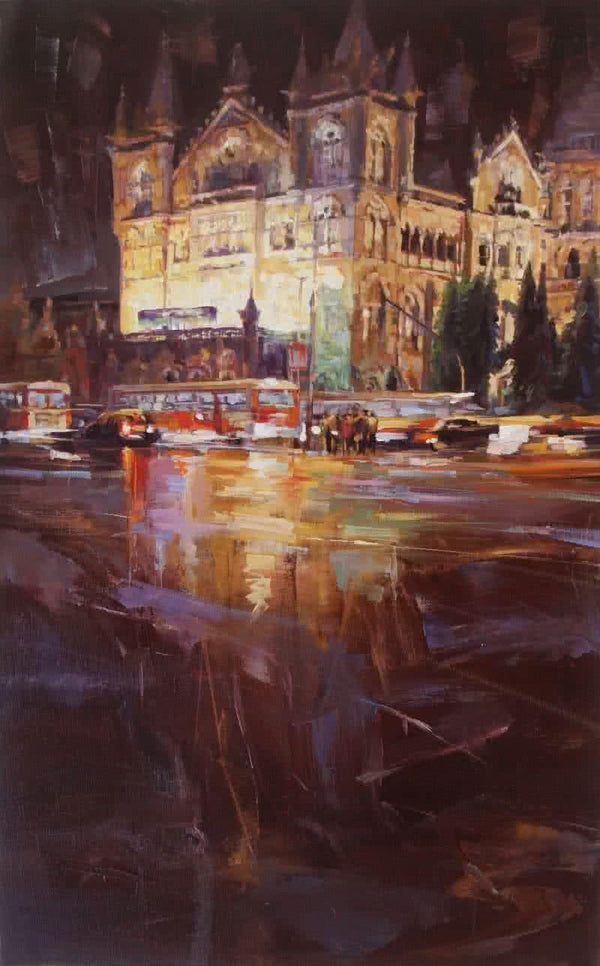 Cityscape oil painting titled 'Cst 6', 18x30 inches, by artist Mukhtar Kazi on Canvas