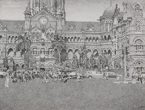 Cityscape pen ink drawing titled 'Cst', 22x30 inches, by artist Umesh Ghadge on Paper