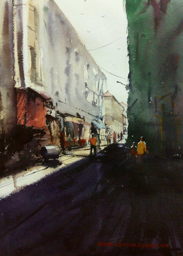 Cityscape watercolor painting titled 'Cst (Bora Bazar)', 15x11 inches, by artist Kiran Gunjkar on Handmade Paper