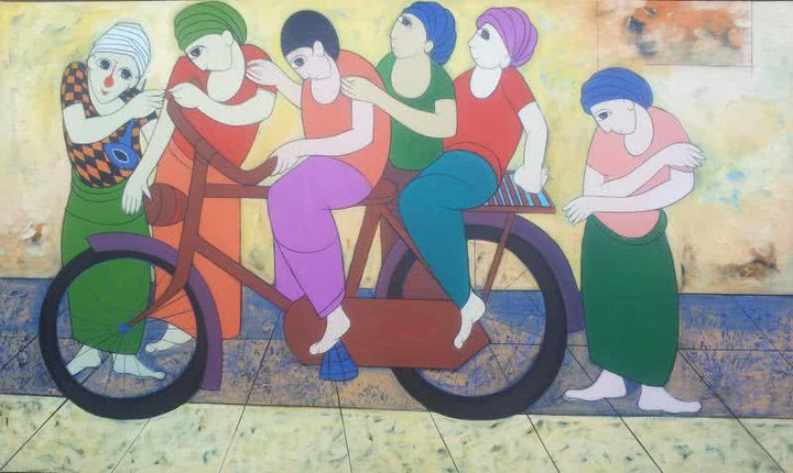 Anime acrylic painting titled 'Cycling', 36x60 inches, by artist Dnyaneshwar Bembade on Canvas