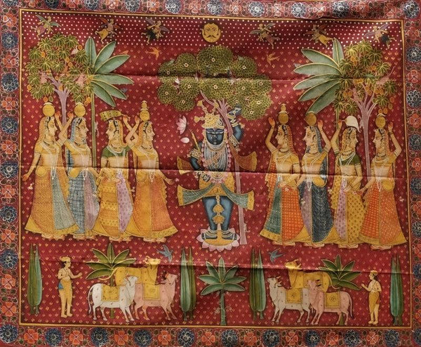 Religious pichwai traditional art titled 'Daanutsav Pichwai', 46x57 inches, by artist Pichwai Art on Cloth