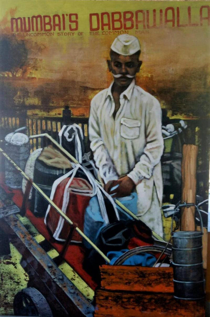 Figurative acrylic painting titled 'Dabbawala Series 1', 72x48 inches, by artist Vijay Gille on Canvas