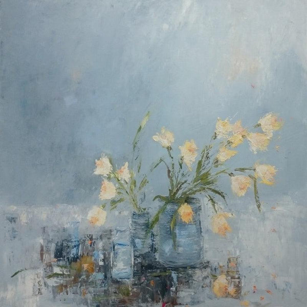 Nature oil painting titled 'Daffodils In The Studio', 32x32 inches, by artist Libbi Gooch on Gesso Board