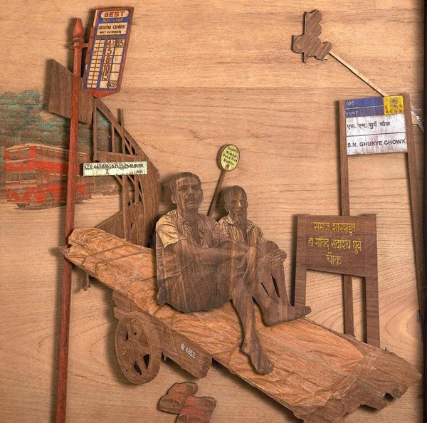 Cityscape sculpture titled 'Daily Bread', 27x27x4 inches, by artist Shriram Mandale on Teak Wood