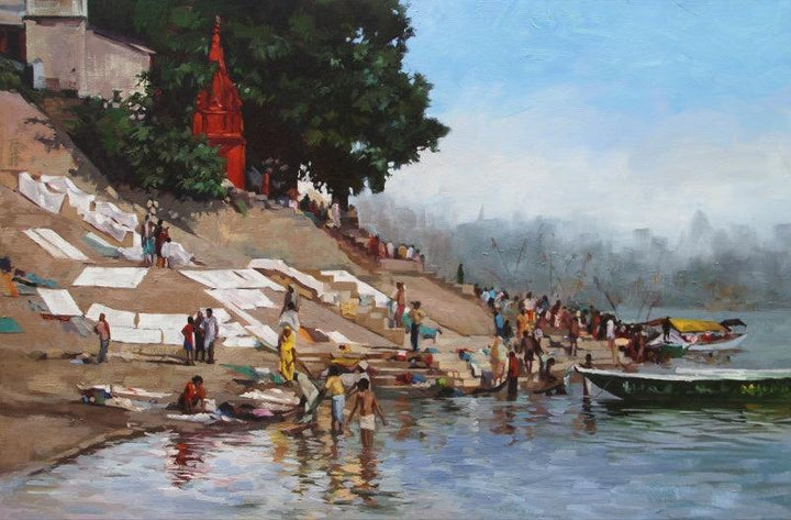 Landscape oil painting titled 'Daily Life Banaras', 36x24 inches, by artist Sachin Sawant on Canvas