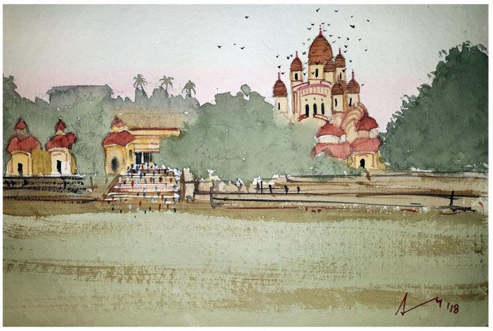 Cityscape watercolor painting titled 'Dakshineshwar Temple Kolkata', 7x11 inches, by artist Arunava Ray on Paper