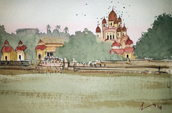 Religious watercolor painting titled 'Dakshineswar Temple Kolkata', 8x11 inches, by artist Arunava Ray on Paper