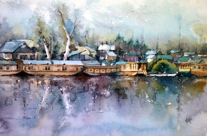 Landscape watercolor painting titled 'Dal Lake', 18x12 inches, by artist Asit  Singh on Paper