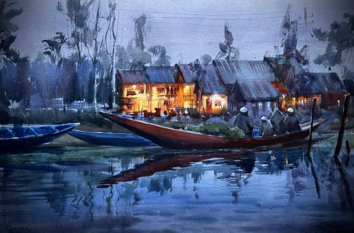 Cityscape watercolor painting titled 'Dal Lake Evening', 15x22 inch, by artist Achintya Hazra on Paper