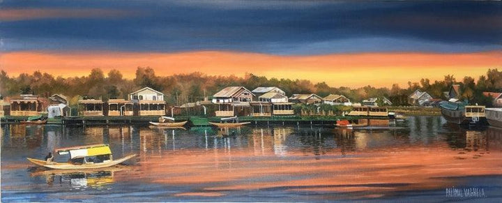 Cityscape acrylic painting titled 'Dal Lake Kashmir 1', 15x37 inches, by artist Parimal Vaghela on Canvas