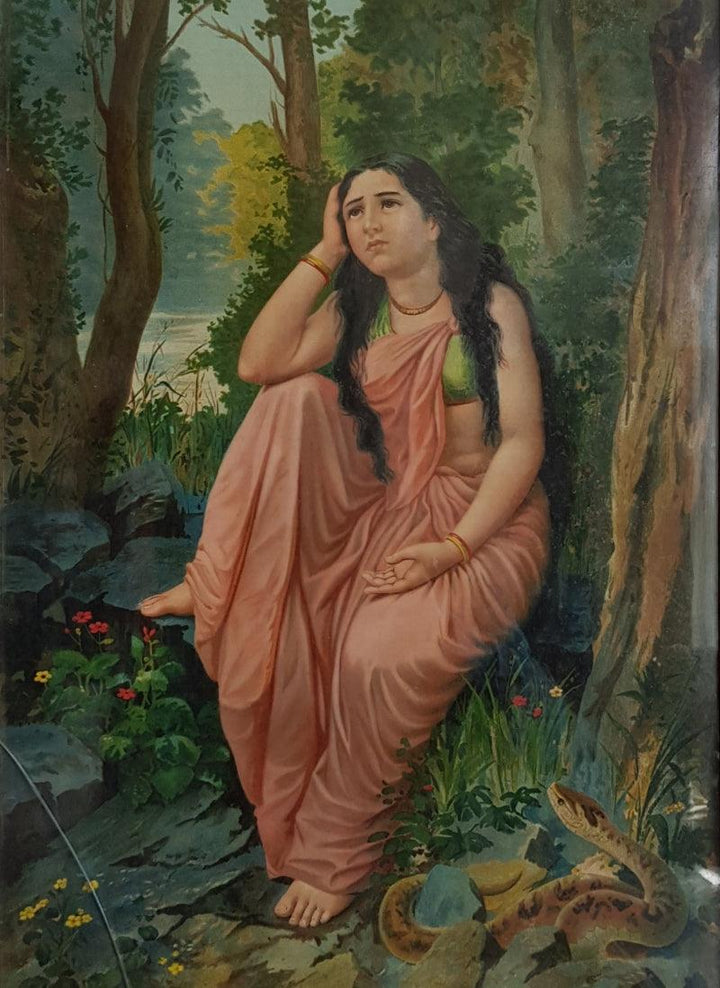 Figurative oleograph painting titled 'Damayanti Vanavas', 21x15 inches, by artist Raja Ravi Varma on Paper