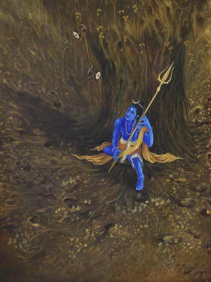 Religious oil painting titled 'Damru and Trishul', 36x48 inches, by artist Durshit Bhaskar on Canvas