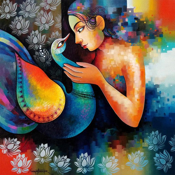 Figurative acrylic painting titled 'Damyanti 3', 36x36 inches, by artist Sanjay Tandekar on Canvas