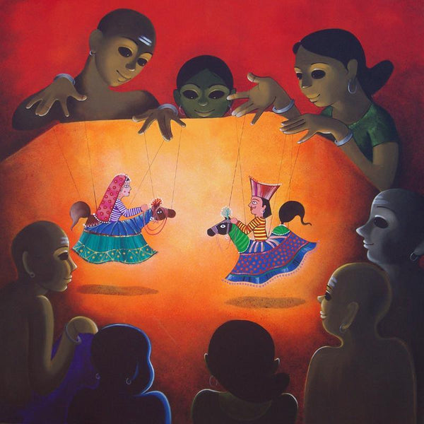 Figurative acrylic painting titled 'Dance Drama', 46x46 inches, by artist Prakash Pore on Canvas