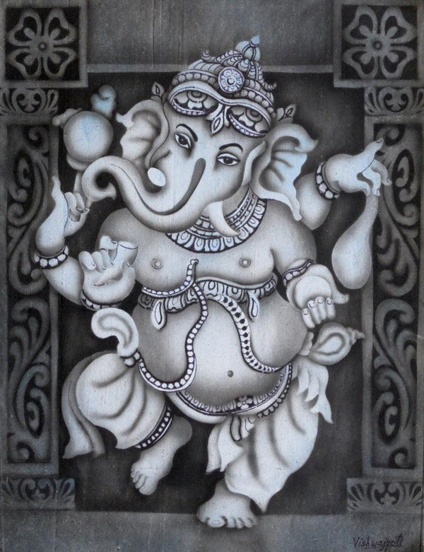 Religious airbrush painting titled 'Dancing Ganesha', 21x18 inches, by artist Vishwajyoti Mohrhoff on Canvas