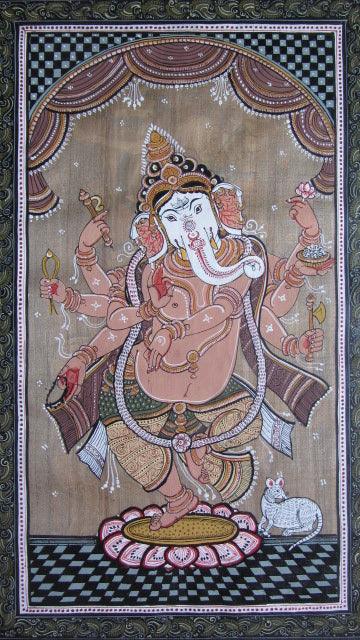 Folk Art fabric painting titled 'Dancing Ganesha Tasar Cloth Painting', 12x26 inches, by artist Pradeep Swain on Cloth