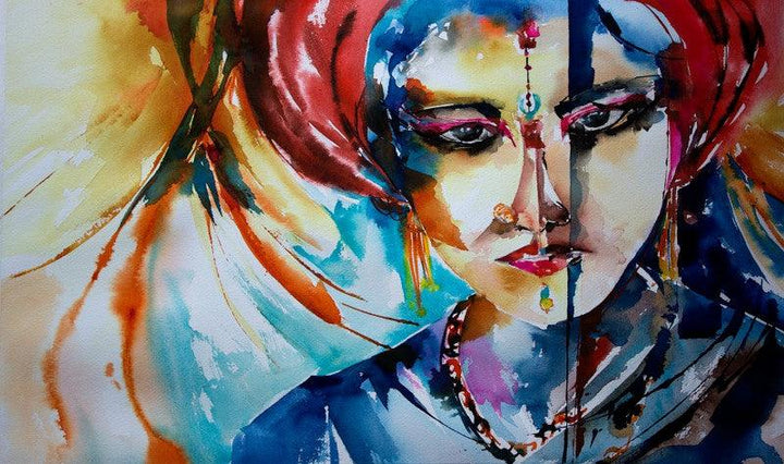 Portrait watercolor painting titled 'Dancing girl', 12x20 inches, by artist Veronique Piaser-moyen on Paper