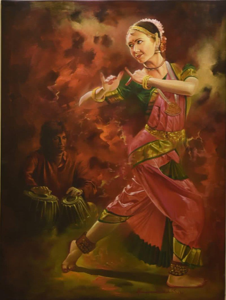 Photorealistic oil painting titled 'Dancing Lady', 36x48 inches, by artist Kamal Rao on Canvas