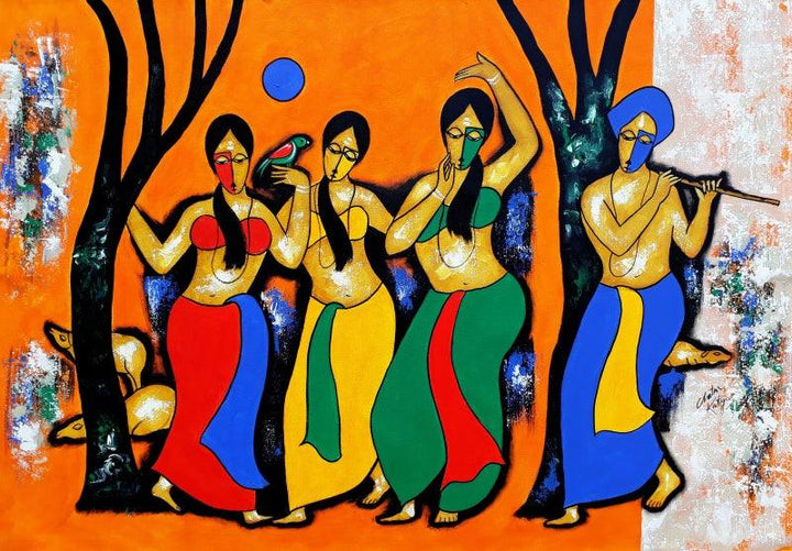 Figurative acrylic painting titled 'Dancing Mood', 27x36 inches, by artist Chetan Katigar on Canvas