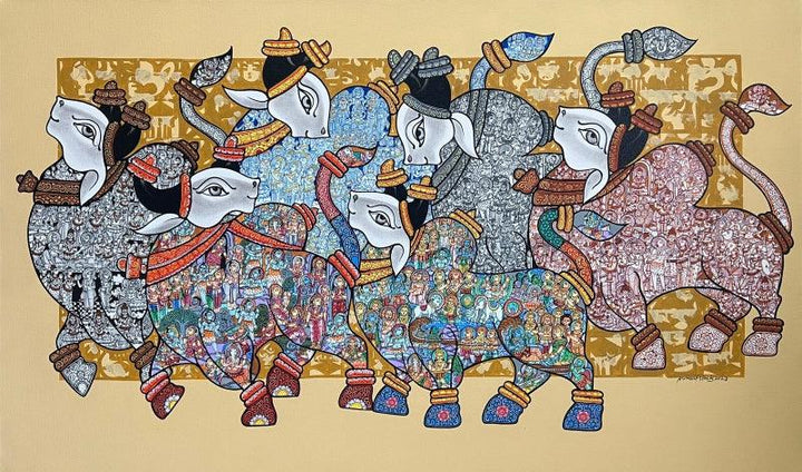 Religious acrylic painting titled 'Dancing Nandi', 36x60 inches, by artist Vivek Kumavat on Canvas