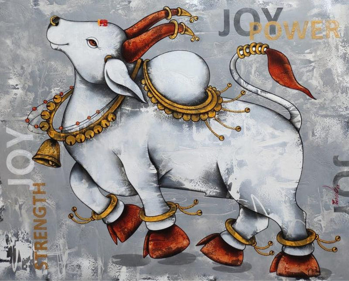 Religious mixed media painting titled 'Dancing Nandi', 39x48 inches, by artist Paras Parmar on Canvas