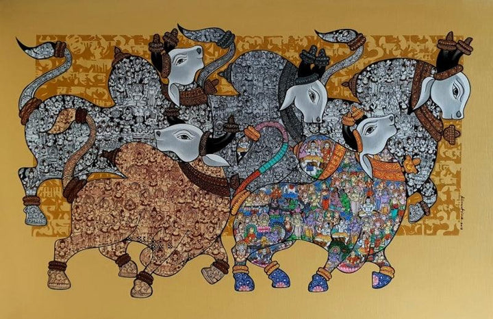 Animals acrylic painting titled 'Dancing Nandis 5', 39x60 inches, by artist Vivek Kumavat on Canvas