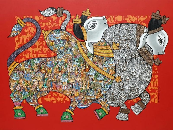 Animals acrylic painting titled 'Dancing Nandis', 36x48 inches, by artist Vivek Kumavat on Canvas