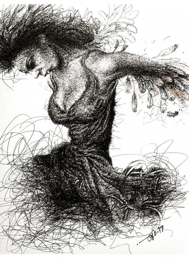 Figurative pen ink drawing titled 'Dancing With Guitar', 13x10 inches, by artist Pratap Chakraborty on Paper